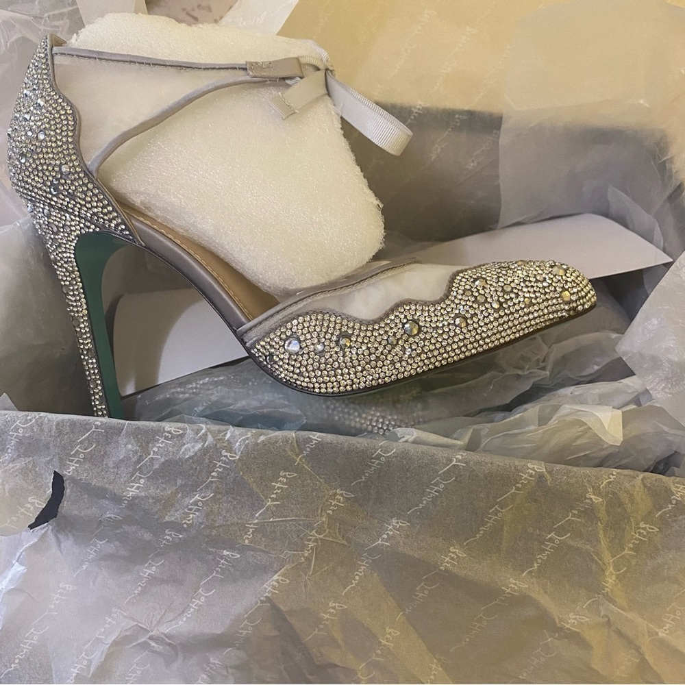 Betsey Johnson New Iris Silver Rhinestone Ankle Strap Stiletto Heels Pumps Bride - Picture 6 of 13